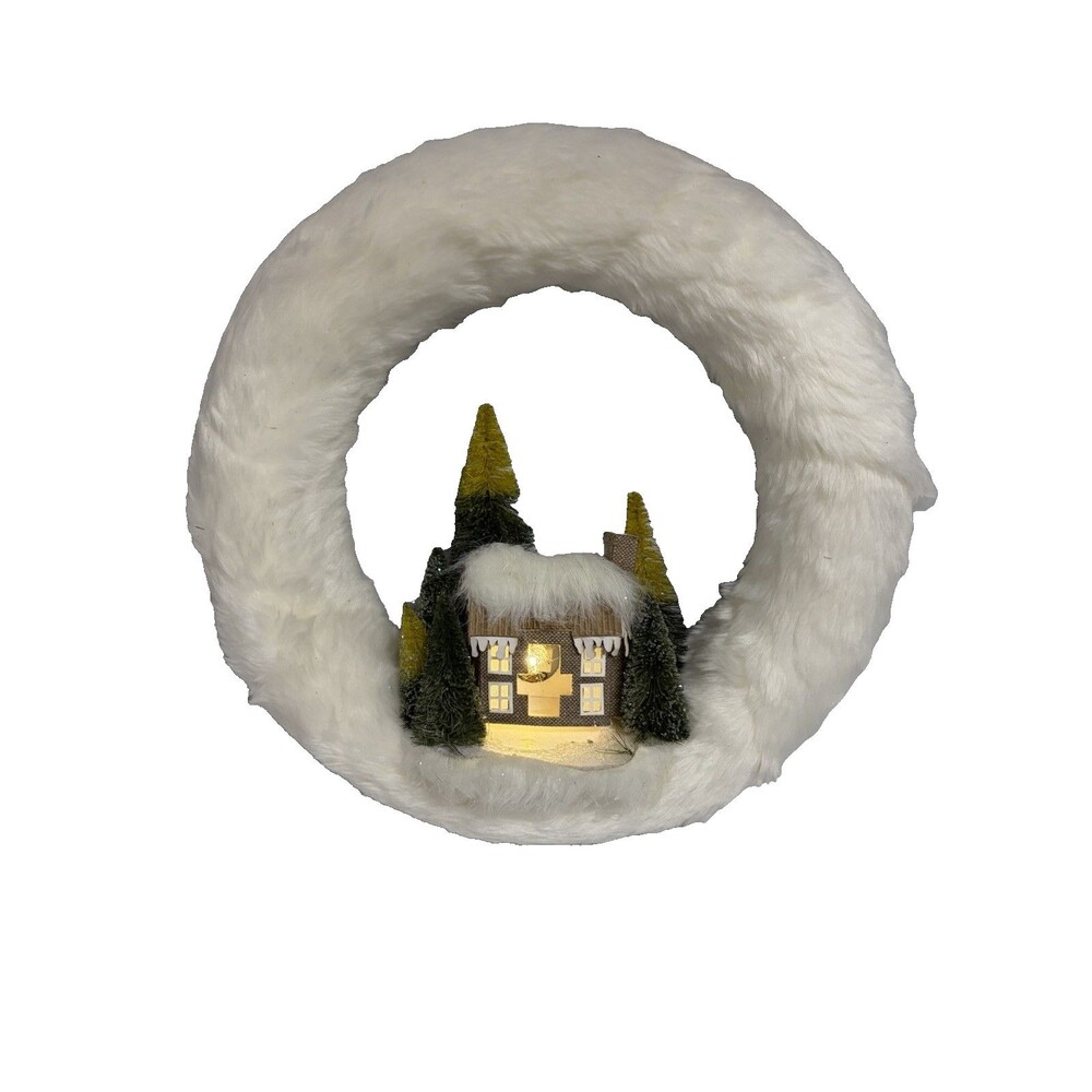 Handmade Winter Wonderland Christmas Wreath- Faux Fur Lighted House Trees 16”